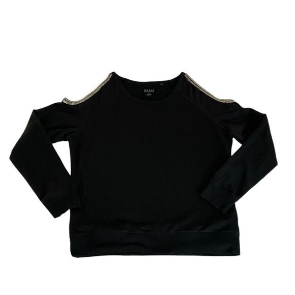 Guess L oversized pullover fleece top, cold shoulder w/ beaded trim - Picture 1 of 7